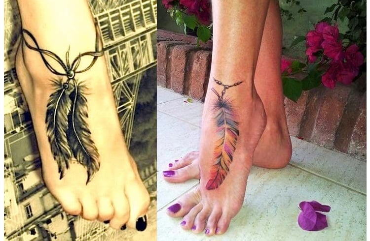 Colorful Feather on Foot Tattoo Idea