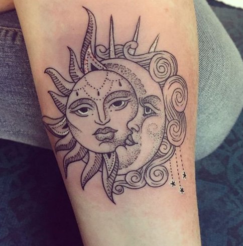 Traditional matching sun and moon tattoos