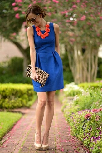 peach dress and blue shoes