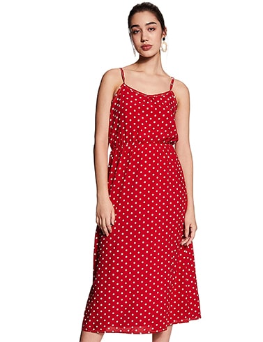 red polka-dot a-line dress